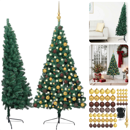 Cheqo® Kerstboom - Kunstkerstboom met Verlichting - Halve Boom 210 cm - PVC Groen - Ruimtebesparend