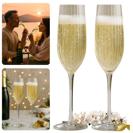 Cheqo® Champagneglazenset - Set Van 2 - 250 Ml Inhoud - Trendy Design - Glaasje Bubbels - Elegant Design - Champagneflûtes - Glazen Voor Champagne - Stijlvolle Glazen - Luxe Uitstraling - Glazen Voor Cava - Champagneglazen
