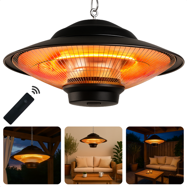 Cheqo® Terrasverwarmer - Terrasverwarming - Heater - Infrarood Verwarming - Plafondmontage - Halogeen Heater - Waterdicht met Afstandsbediening - Aluminium