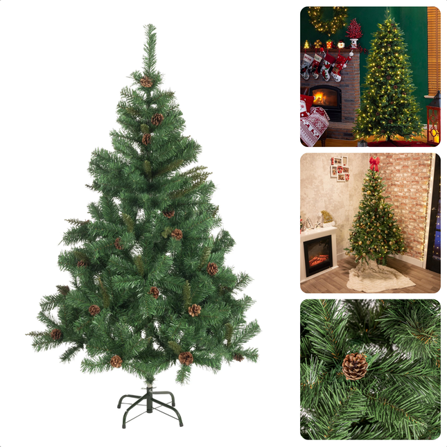 Cheqo® Kunstkerstboom 210 cm - Kerstboom Met Dennenappels - Kerstdecoratie voor Binnen - Groen