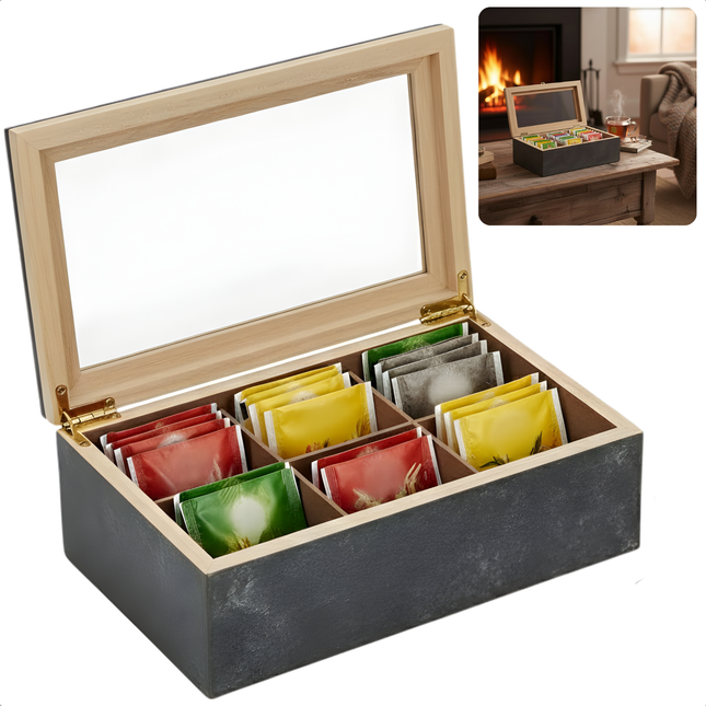 Cheqo® Theedoos 6 Vaks - Theedoos met Vakken - Theekist - Theezakjes Doos - Theezakjes Opbergdoos - Thee Organizer - Theedoos Zwart - Theedoos met Glazen Deksel