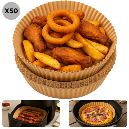 Cheqo® Airfryer Bakpapier - Wegwerpbakjes - 50 Stuks - Rond Bakpapier - Ø20 cm - Airfryer Accessoires - Heteluchtfriteuse - Geschikt Voor Airfryer - Wegwerp Bakpapier - Luchtfriteuse Bakpapier - Airfryer Wegwerp