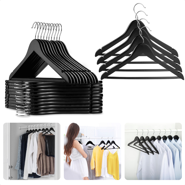 Set van 24 zwarte houten kledinghangers van Cheqo met antislip broeklat en draaibare haak, perfect voor een nette en stijlvolle garderobe.