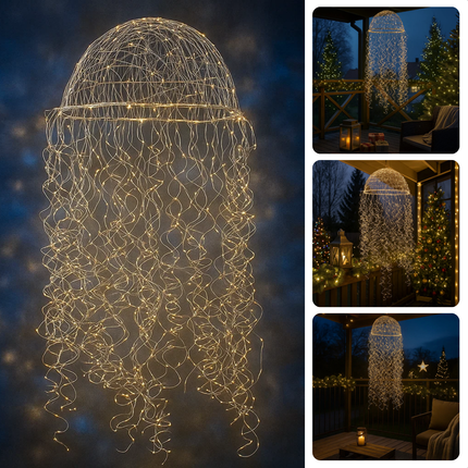 Cheqo® Kerst Kroonluchter voor Buiten - Kerstfiguur Kwal Vorm - Warm Witte LED Verlichting - 720 LED Lampjes - Spatwaterdicht - Zilveren Metalen Frame - Kersdecoratie - Kerstverlichting Buiten - Kroonluchter Lamp