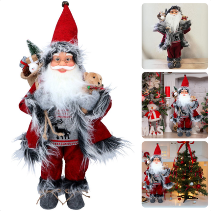 Cheqo® Kerstman Decoratie - Kerstman Pop - 46 cm Rood Bont - Kerstman Figuur - Kerstfiguur met Cadeaus en Knuffelbeer