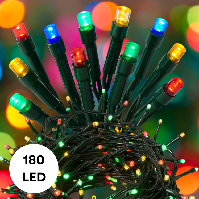 Cheqo® LED Kerstverlichting - Kerstlampjes - Kerstboomverlichting - 180 LED Lampjes - Multicolor Verlichting - 8 Lichtfuncties - Geheugenfunctie - Timer Functie - 13.5 Meter Lengte - Groen Snoer - IP44 Adapter - Binnen en Buiten