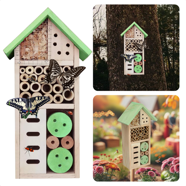 Cheqo® Houten Insectenhotel - Insecten Hotel - 26x13x8.5 cm - Voor Tuin en Balkon - Vlinderhotel - Ecologisch Bijenhotel