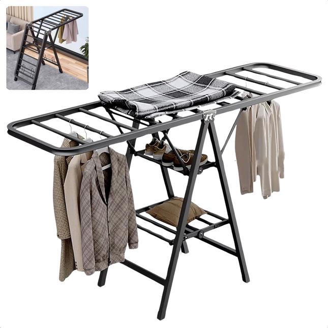 Cheqo® Luxe Inklapbaar Droogrek - Droogtoren - Verstelbare Vleugels - 7 Meter Drooglengte - Stalen Constructie - Zwart