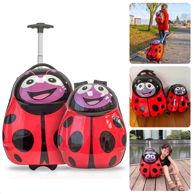 Cheqo kinderreiskoffer en rugzak set in lieveheersbeestje design, ideaal voor kinderen als handbagage en op reis.