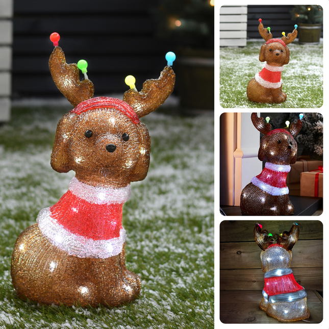 Cheqo® Verlichte Kerstfiguur - Tuinbeeld Hond - Kerstdecoratie Acryl Hond - LED Verlichting - 35 cm - Binnen/Buiten