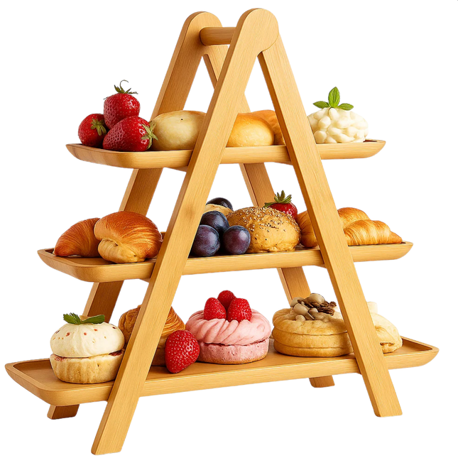 Cheqo® Etagere Bamboe - 3 Laags - Serveertoren - Bamboe Hout - Presenteerschaal - High Tea - Bamboe Serveerplateau - Bamboe Presentatie - Bamboe Serveertray - Hapjes Presenteren - Bamboe Decoratie - Bamboe Design