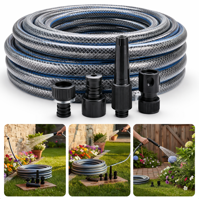 Cheqo® Tuinslang - Tuinslang Set - Tuinslang met Koppelingen - Tuinslang met Aansluitingen - Grijze Tuinslang - Transparante Tuinslang