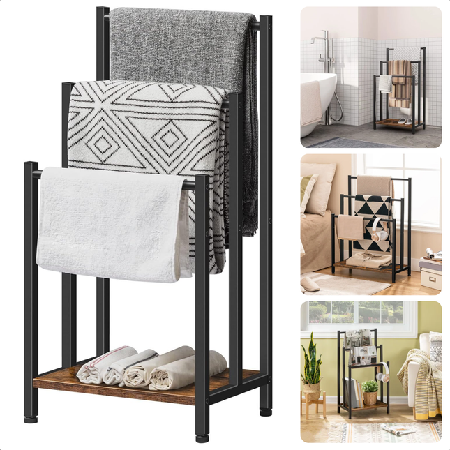 Freestanding black towel rack with three levels and MDF base in various room settings, displaying towels in a modern style.