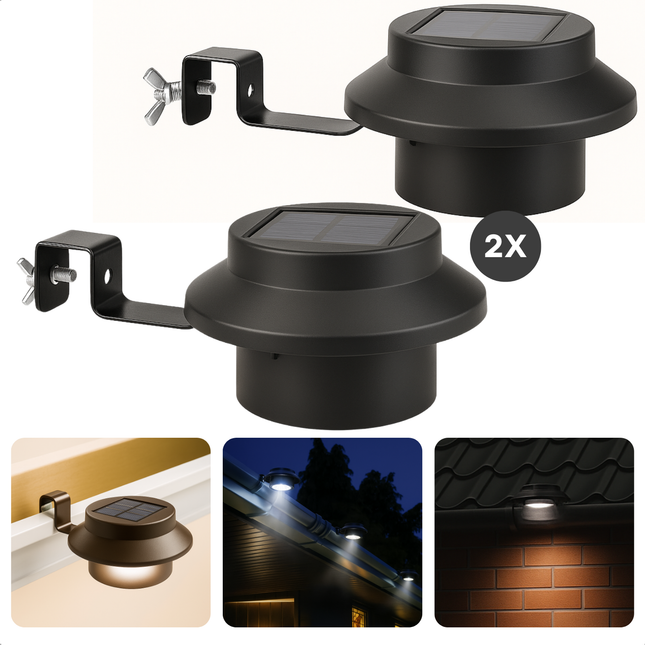 Cheqo® Dakgoot Lamp - Buitenlamp - Buitenverlichting Zonne Energie - Solarlampen Dakgoot - LED Buitenverlichting - Set van 2 - Zonne-energie - Waterdicht