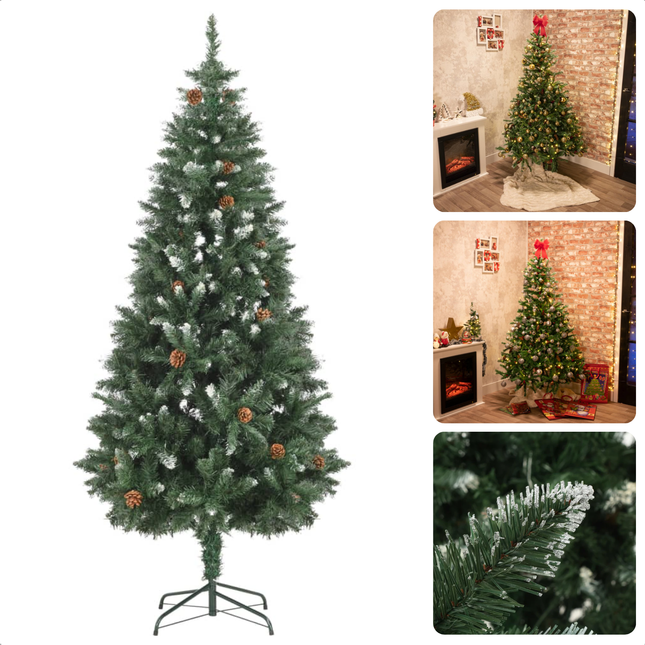 Cheqo® Kunstkerstboom 210 cm - Kerstboom met Sneeuw & Dennenappels - Metalen Voet - 1024 Toppen