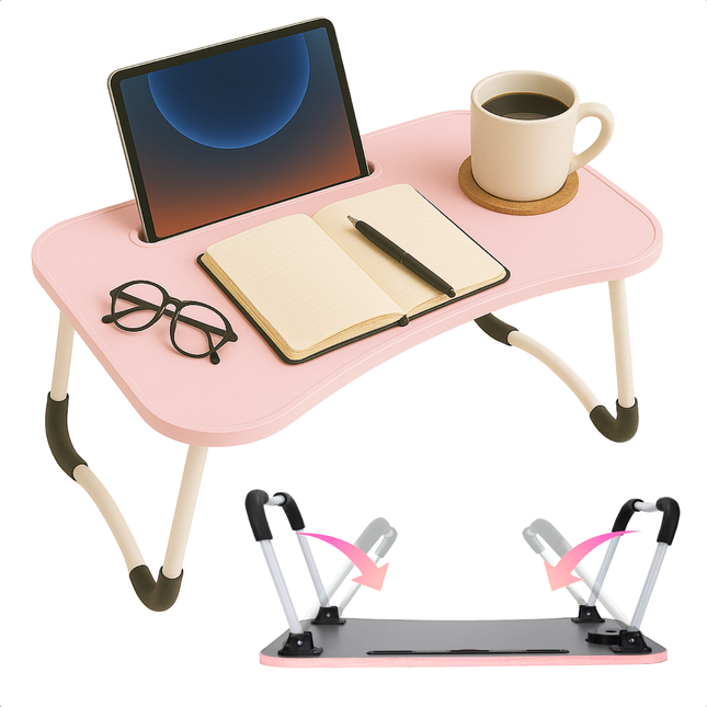 Cheqo® Opklapbare Laptoptafel - Ontbijt op Bed Tafel - Bedtafel met Tablethouder - Bank Tafeltje - Ontbijttafeltje - Banktafel - Roze