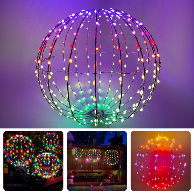 Cheqo® RGB Lichtbol - Multicolor - 50 cm Kerstverlichting Bal - Kerstverlichting voor Buiten - 224 LED - Metalen Frame