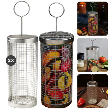 Cheqo® Roestvrijstalen Grillmand - BBQ Accessoire - Grillmand Voor Groenten - Vis En Vlees Grillen - Fijne Structuur Gaas - Hittebestendig Materiaal - Vaatwasmachinebestendig - Set Van 2 Manden - Universele BBQ Mand