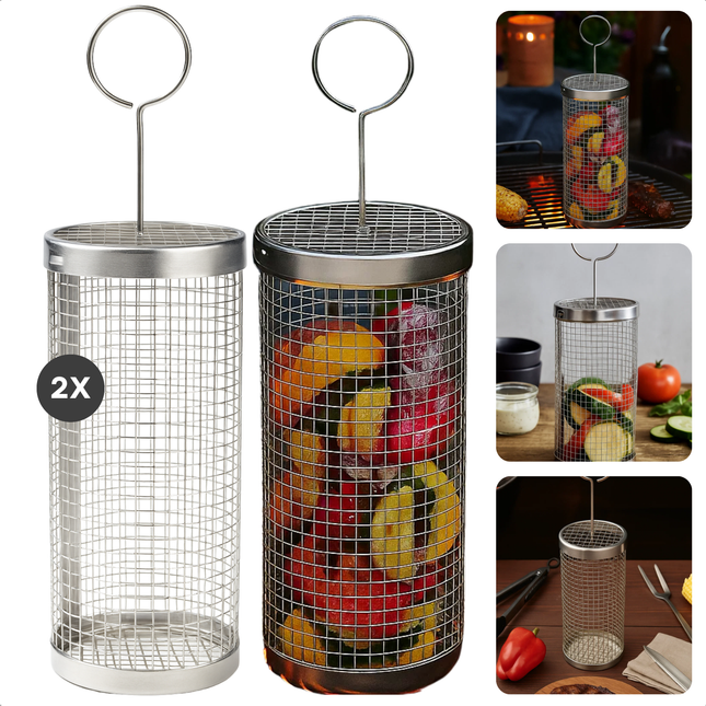 Cheqo® Roestvrijstalen Grillmand - BBQ Accessoire - Grillmand Voor Groenten - Vis En Vlees Grillen - Fijne Structuur Gaas - Hittebestendig Materiaal - Vaatwasmachinebestendig - Set Van 2 Manden - Universele BBQ Mand
