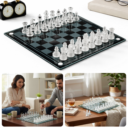 Cheqo® Glazen Schaakset - Glazen Schaakspel - Glazen Schaakbord - Schaakset - Schaakspel - Schaakbord - Schaakbordspel - Schaakset Volwassenen - Schaakspel Volwassenen - Luxe Schaakset - Schaakset Cadeau