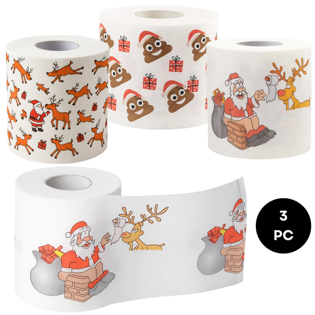 Cheqo® Kerst Toiletpapier - WC Rol Kerst - Grappige Kerst Print - 3 Rollen Toiletpapier - Feestelijk Kerstmotief - Kerstman Papier - Wegwerppapier - Badkamer Decoratie - Kerstfeest Accessoires - Grappige Papieren Rol