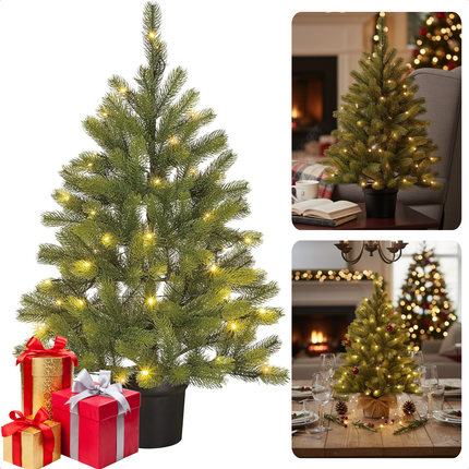 Cheqo® Kunstkerstboom Met LED Verlichting - Mini Kerstboom op Batterijen - Tafelkerstboom - Compacte Kerstdecoratie - Warm Witte LED Lampjes - Luxe Takken - Eenvoudig Op Te Zetten - Kerstboom In Pot - 90 CM Hoog