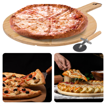 Cheqo® Bamboe Pizzaplank Met Snijder - Serveerplank - Pizza Plank  - Luxe Pizzabord - Serveerschaal - Tapasplank - Hapjes - Duurzaam en Stijlvol