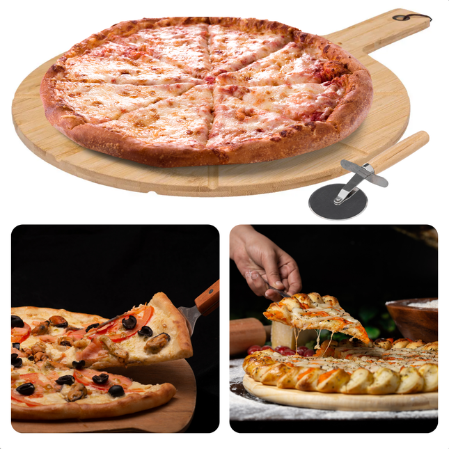 Cheqo® Bamboe Pizzaplank Met Snijder - Serveerplank - Pizza Plank  - Luxe Pizzabord - Serveerschaal - Tapasplank - Hapjes - Duurzaam en Stijlvol