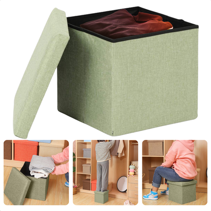 Cheqo® Opvouwbare Poef Met Opbergruimte - Groen - Opbergbox - Organizer - Voetenbankje - Hocker - MDF en Katoen