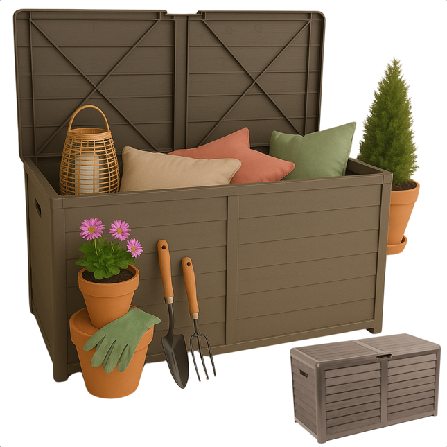 Cheqo® Kussen Opbergbox - Kussenbox - Tuinkussenbox - Tuinkussen Box - Weerbestendig & Verrijdbaar - Opbergbox Tuin voor Buiten - 420 L - Taupe