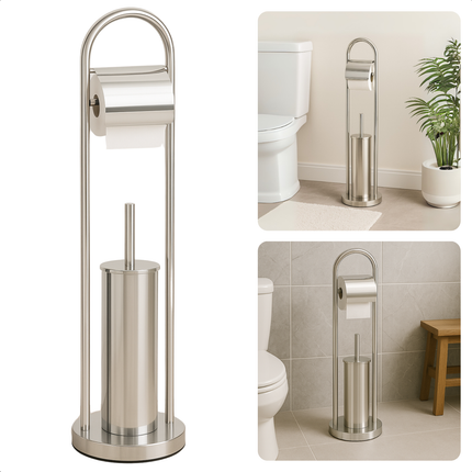 Cheqo® Vrijstaande Toiletbutler - Vrijstaand Toilet Butler - Zilver RVS - Touletborstel met Houder - WC Rol Houder - Rolhouder - Moderne Toiletaccessoires - 80 cm Hoog - Stijlvol en Duurzaam