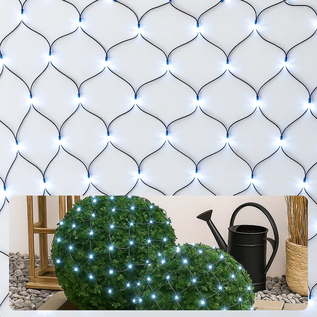 Cheqo® Netverlichting Buiten - Kerstverlichting Buiten - Kerstlampjes 160 LED Lampjes - IP44 Adapter - Koelwit Licht - Groen Snoer - 200x100 CM - Lichtnet Kerstverlichting - Tuinverlichting - Struikverlichting - Sterrenhemel Effect - Lichttapijt