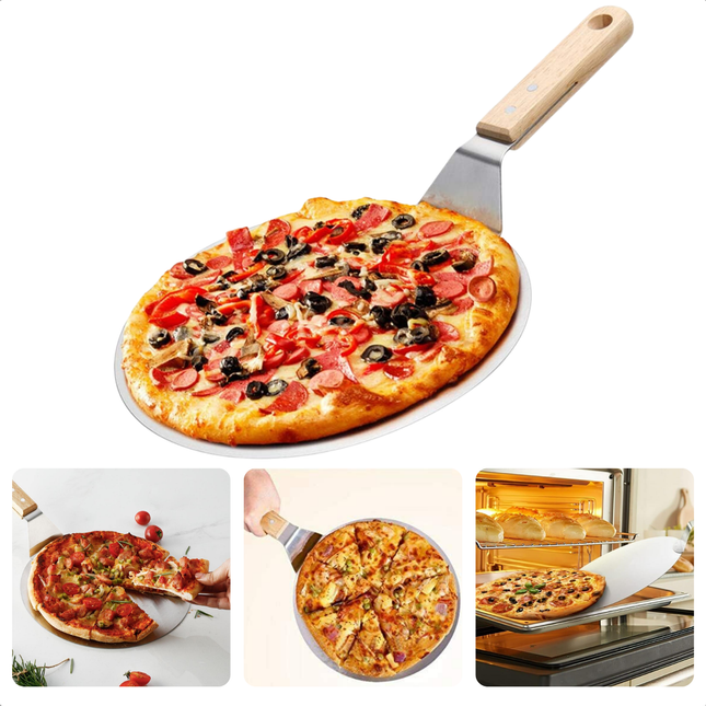 Cheqo RVS pizzaschep met houten handvat voor BBQ en oven, ideaal voor pizza's en taarten. 30.5 cm diameter, 49 cm lengte.