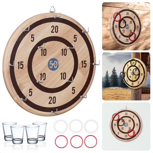 Cheqo® Ringwerpspel met Shotglaasjes set, inclusief houten bord met haken en bijpassende shotglazen voor een spannend drankspel.