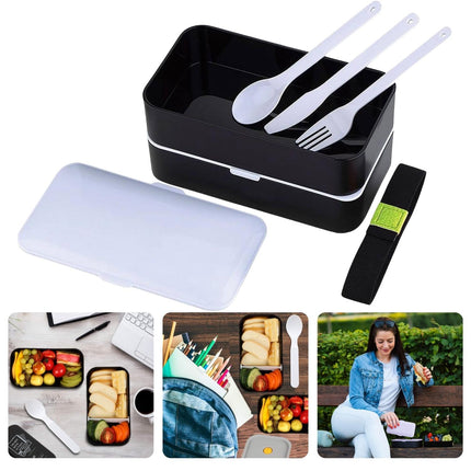 Cheqo® Kunststof Lunchbox - 2-laags - Met Bestek - Vaatwasmachinebestendig - Inclusief Sluitband - Onderweg Eten -  Bewaarbakjes - Meal Prep Bakje - Vershouddoos - Voedselcontainer - Vaatwasserbestendig - 1.2L Broodtrommels