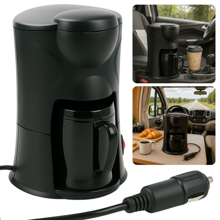 Cheqo® Koffiezetapparaat voor Auto 12V - Draagbare Koffiemachine met Autostekker – Reiskoffiezetapparaat voor Kamperen, Caravan & Vakantie – Compacte Elektrische Koffiezetter – Koffie Onderweg – Espressomachine 12V