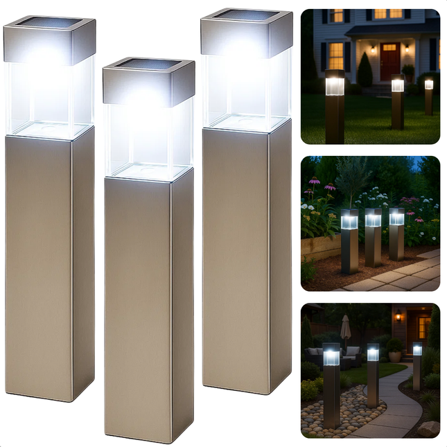 Cheqo® Solar Tuinverlichting - Tuinverlichting Op Zonne-Energie - LED Buitenverlichting - Automatische Sensor - Roestvrij Staal - Warm Wit Licht - Set Van 3 - Grondpin Verlichting - Buitenverlichting Zonder Kabels - Lange Levensduur