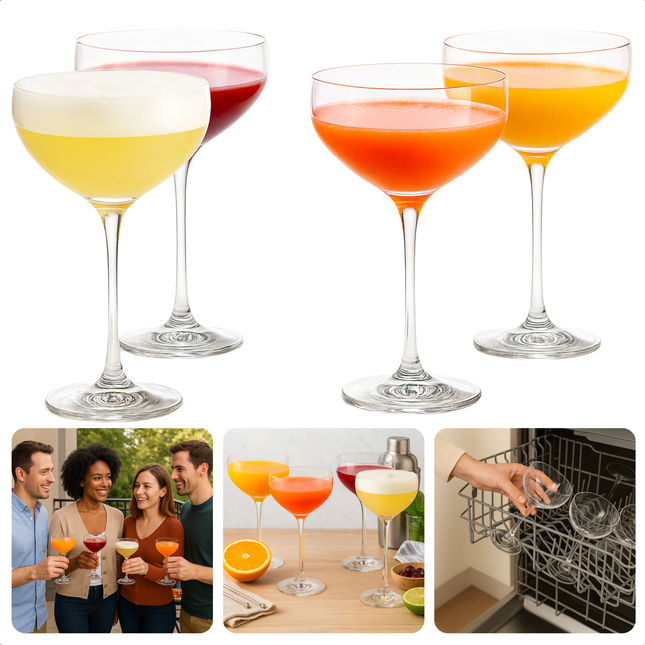 Cheqo® Cocktailglazen Set - Set Van 4 Glazen - Elegante Glazen - 24 cl Inhoud - Stijlvolle Cocktails - Mixdrankjes Serveren - Feestelijke Creaties - Luxe Uitstraling - Stevige Voet - Transparant Glas - Vaatwasserbestendig