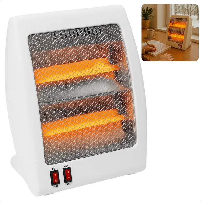 Cheqo® Elektrische Kachel - Quartz Heater - 800W Vermogen - Compacte Verwarming - Draagbare Kachel - Bijverwarming - Kantelbeveiliging - 2 Warmtestanden - Directe Warmte - Veilige Verwarming - Kleine Ruimtes - Handgreep - Slaapkamer Verwarming