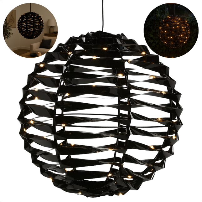 Cheqo® Verlichte Bal - Kerst Decoratie - Kerstfiguur - Zwarte Bal - 25 cm Diameter - 60 Led - Warm Wit Verlichting - Verlichting - Metaal En Kunststof - Kerstverlichting Binnen - Batterij - IP20 - Timer Functie