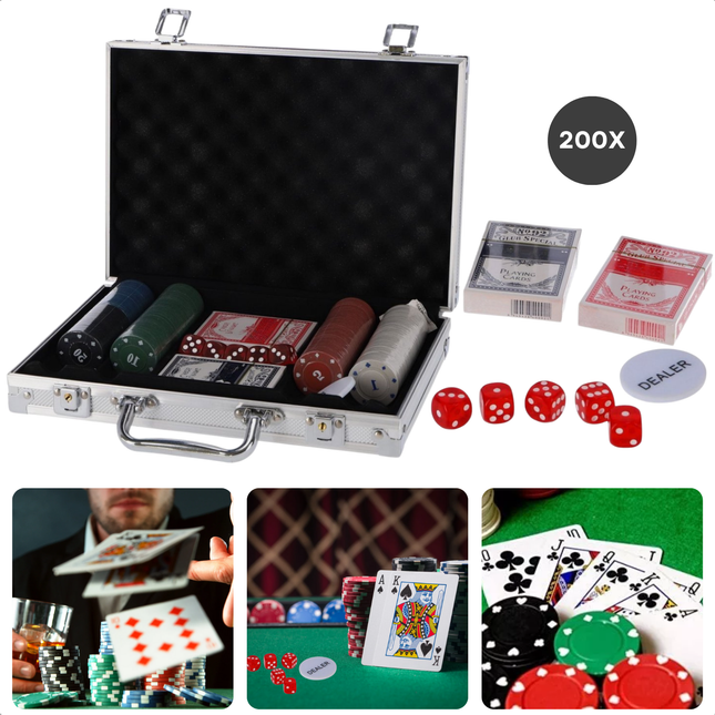 Cheqo® Pokerset in Aluminium Koffer - 200-Delig - Inclusief Speelkaarten en Fiches - Poker Set - Poker Koffer