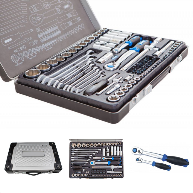 Cheqo® Doppendoos - 82-delige Set - Gereedschapset - Doppenset - Chroom Vanadium Staal - Omkeerbare Ratels - Opbergkoffer - Dopsleutelset - Bits - Bitset - 1/2 - 1/4 - Handgereedschap - Momentsleutel Dopsleutelsets