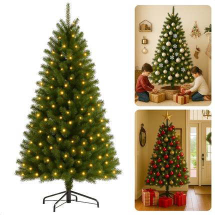 Cheqo® Kunstkerstboom Met Verlichting - Kunstkerstboom 185 cm - Verstelbare Takken - Onderhoudsvriendelijke Kerstboom - Kunststof Kerstboom - Kerstboom Voor Binnen - Warm Witte LED Lampjes - Kerstboom Met Standaard - Ruimtebesparende Kerstboom
