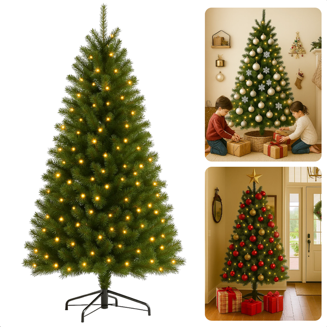 Cheqo® Kunstkerstboom Met Verlichting - Kunstkerstboom 185 cm - Verstelbare Takken - Onderhoudsvriendelijke Kerstboom - Kunststof Kerstboom - Kerstboom Voor Binnen - Warm Witte LED Lampjes - Kerstboom Met Standaard - Ruimtebesparende Kerstboom
