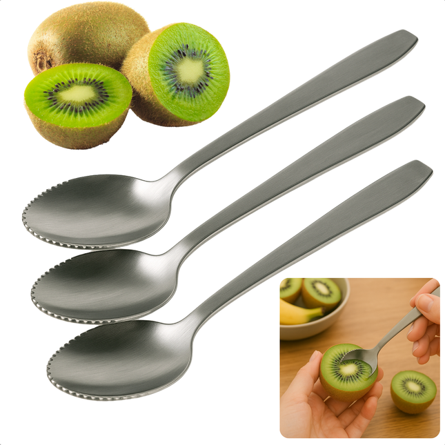 Cheqo® RVS Kiwi Lepel Set - Grapefruit Lepels - Fruitlepel - Fruitlepels met Gekartelde Rand - 3 Stuks