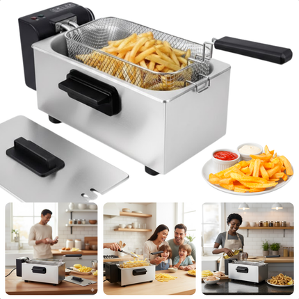 Cheqo® Friteuse - Regelbare Thermostaat - Indicatielampje - Uitneembare Tank - Verwarmingselement - PFAS-vrij - Eenvoudig Te Reinigen - RVS/Zwart - Functionele Friteuse - Frituurpan - Frituur Pan - Frietpan - Frituren