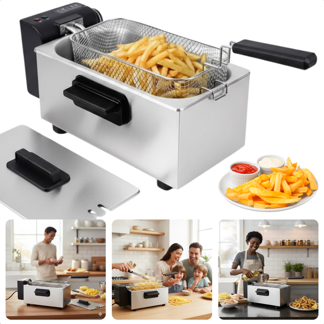 Cheqo® Friteuse - Regelbare Thermostaat - Indicatielampje - Uitneembare Tank - Verwarmingselement - PFAS-vrij - Eenvoudig Te Reinigen - RVS/Zwart - Functionele Friteuse - Frituurpan - Frituur Pan - Frietpan - Frituren