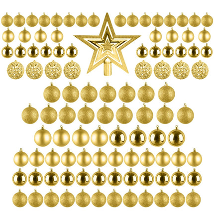 Cheqo® Luxe Gouden Kerstballen Set - Met Piek - 101 stuks - Kunststof - Kerstboomversiering - Kerstversiering - Onbreekbaar - Verschillende Formaten & Designs - Kerstboom - Kerstballenset - Kerstdecoratie - Kerst - Christmas Kerstballen