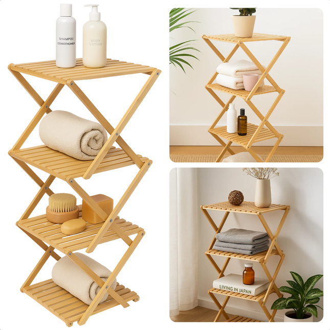 Cheqo® Bamboe Badkamerrek - Badkamer Rek - 4 Lagen - Badkamermeubel - Badkamer Kast - Opbergrek - Opvouwbaar - Bamboe