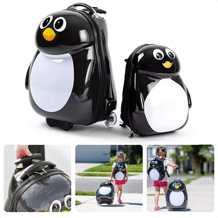 Cheqo® kindertrolley en rugzak set met pinguïn design, ideaal als handbagage voor kinderen, gemaakt van duurzaam ABS-materiaal.